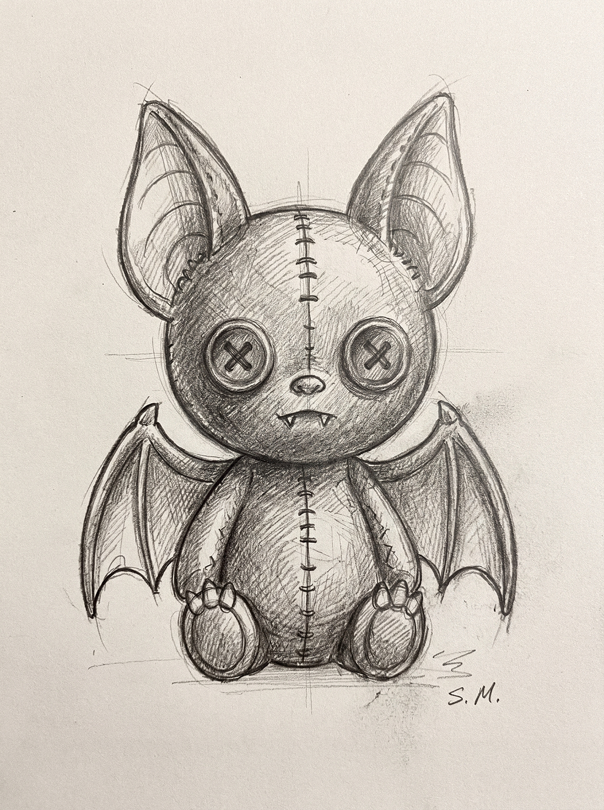Pencil sketch of Battie, a stitched bat plush toy with button eyes and small wings