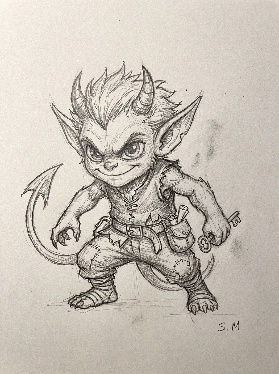 Pencil sketch of Imp, a small horned imp with a pointed tail, holding a key