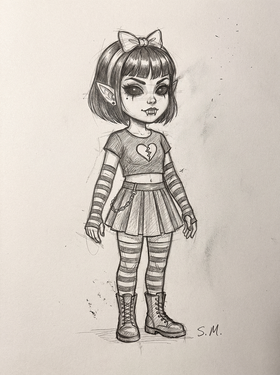 Pencil sketch of Ivy, a girl vampire-elf with a bob, bow, broken-heart crop tee, striped sleeves and tights, pleated skirt and boots