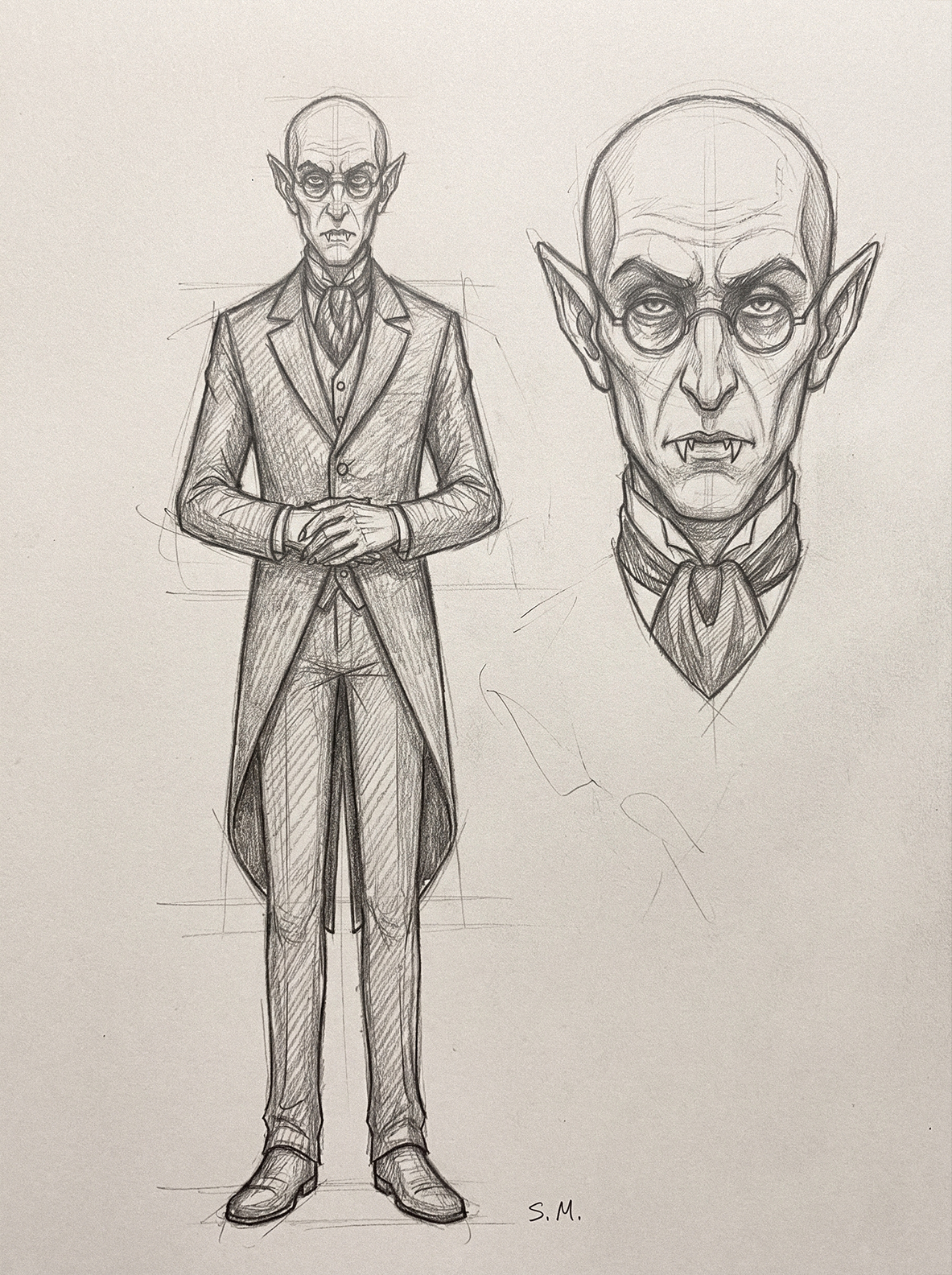 Pencil sketch of Libra, a tall bald vampire in round glasses and a tailcoat, with a full-length view and a head study