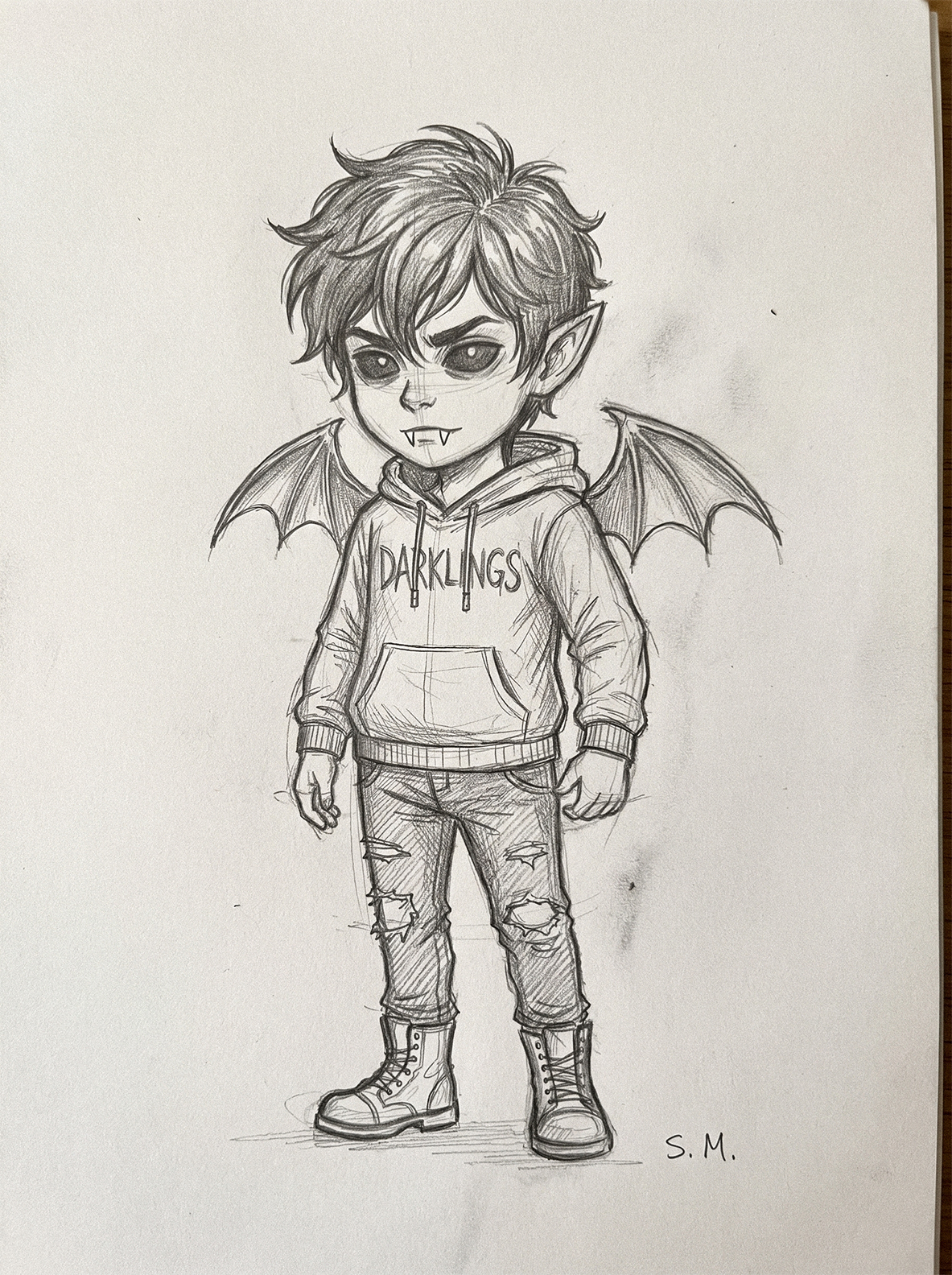 Pencil sketch of Silas, a boy vampire-elf with messy hair, bat wings, a DARKLINGS hoodie, ripped jeans and boots